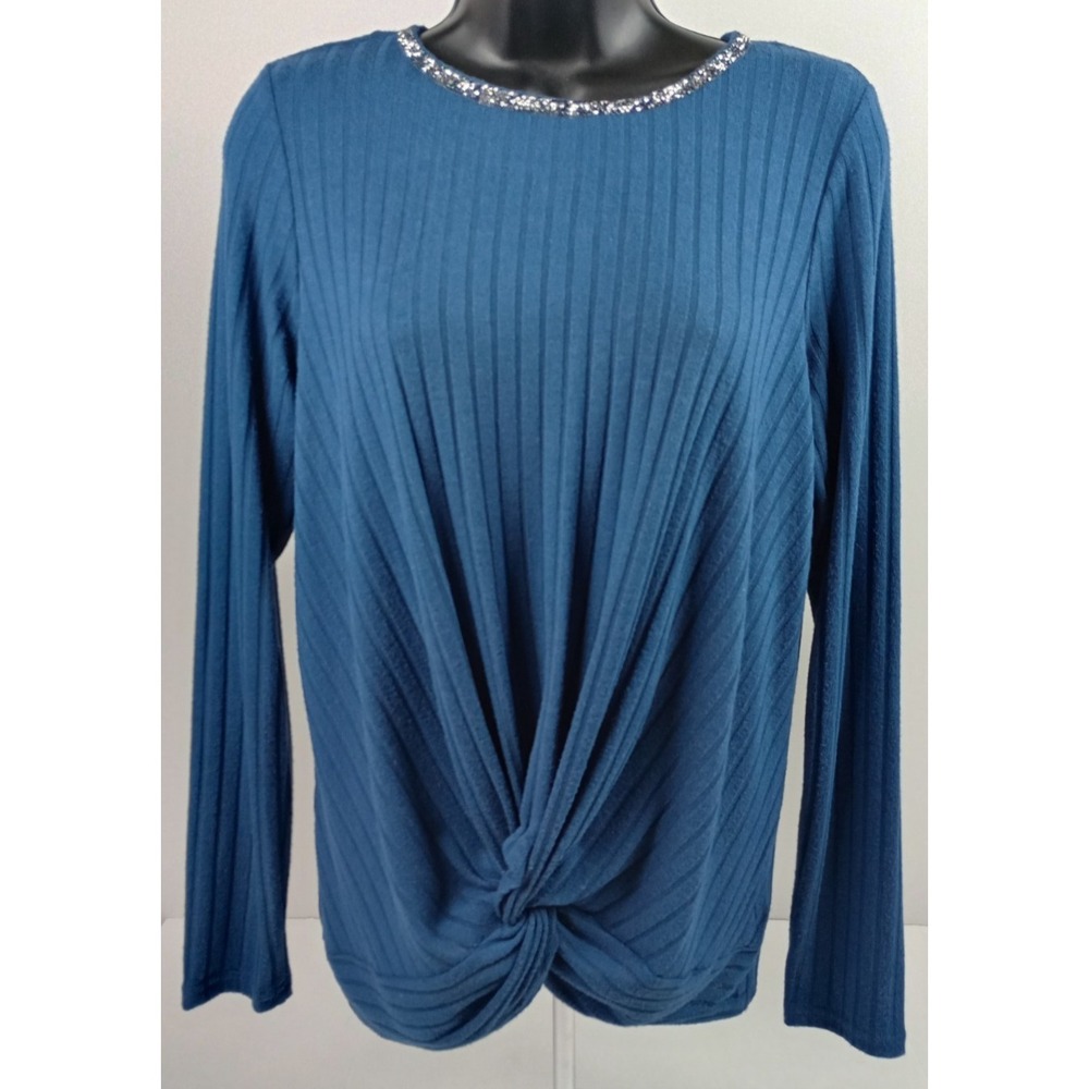 Juicy Couture Women's M Blue Twist Rhinestone Back Tie Long Sleeve Dress Shirt